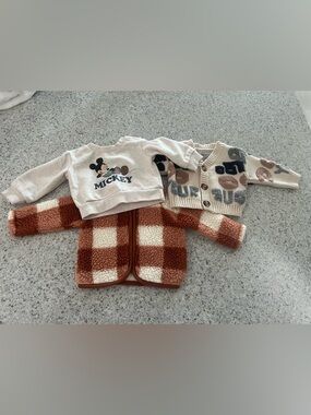 Disney Baby Neutral Mickey Sweatshirt, Cream Cardigan & Rust Check Sherpa Vest